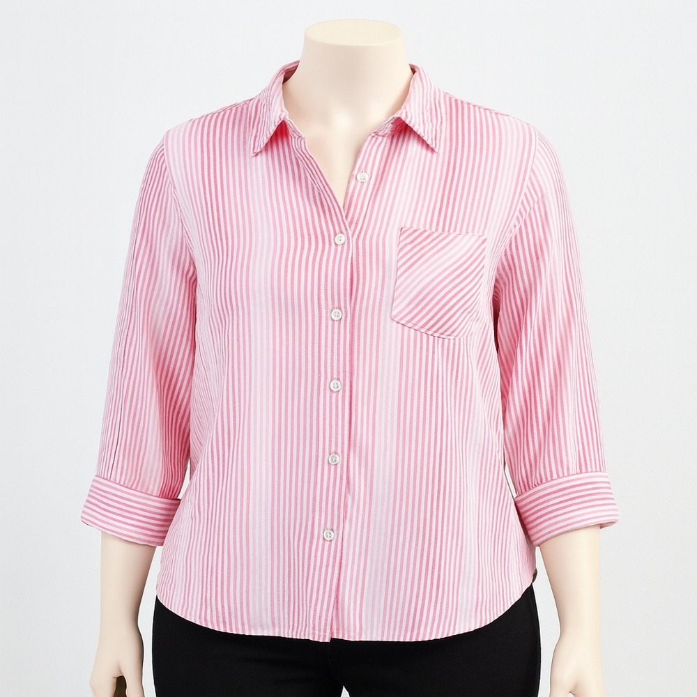 Chico's Linen Stripe Button Front Shirt Womens Size 12/14 Pink White Coastal